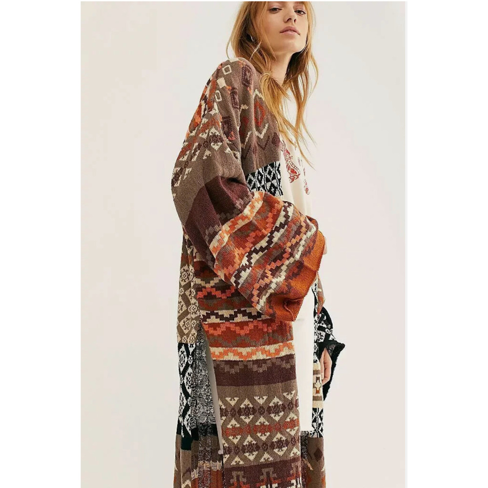Free People Landmark Longline Cardigan Duster L Maxi Boho Guadalajara Combo NWT